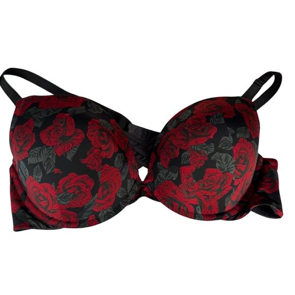 Torrid Red Bkack Rose Floral Push Up Plus Size Bra size 44C - Picture 1 of 8
